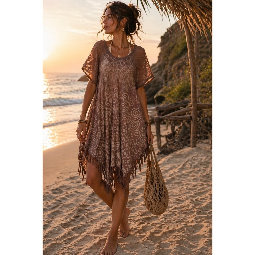 Boho Fringe Tunic Dress L Sheer Beach Cover Up Resort Wear Flowy Asymmetrical